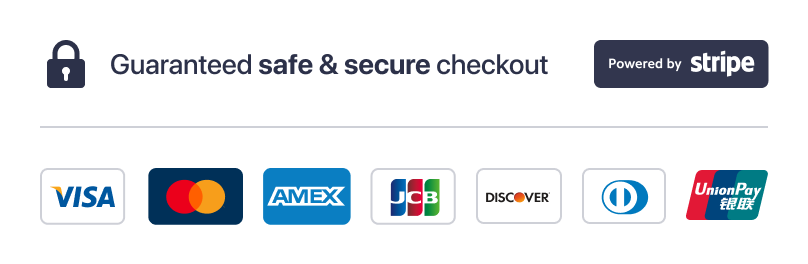 Secure payment methods including Visa, MasterCard, American Express, and more